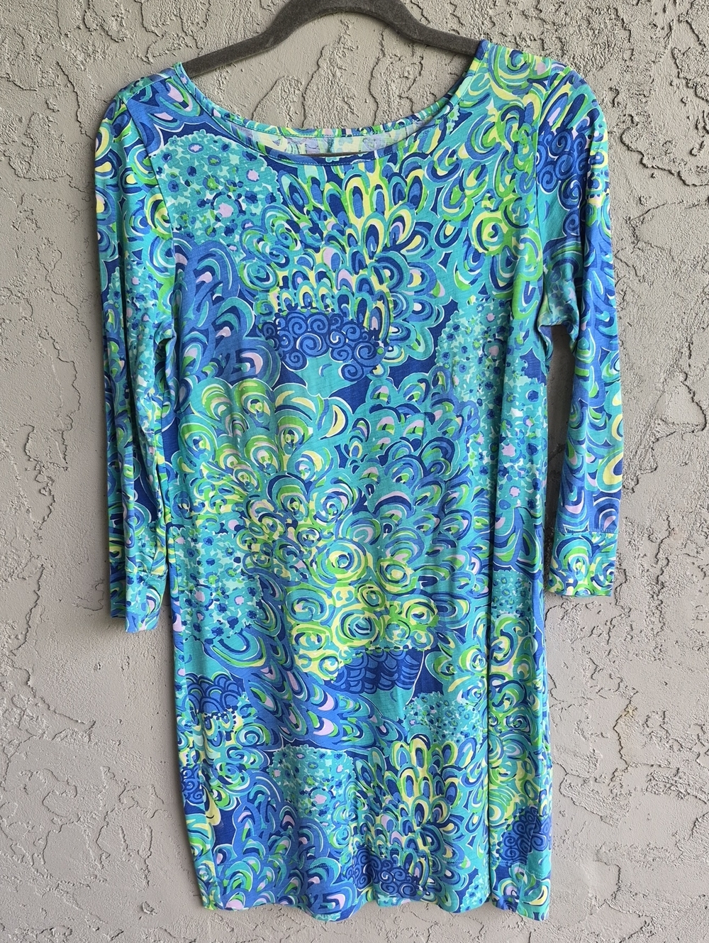 Lilly Pulitzer Blue, Green & Teal Swirl Boatneck Long Sleeve Dress